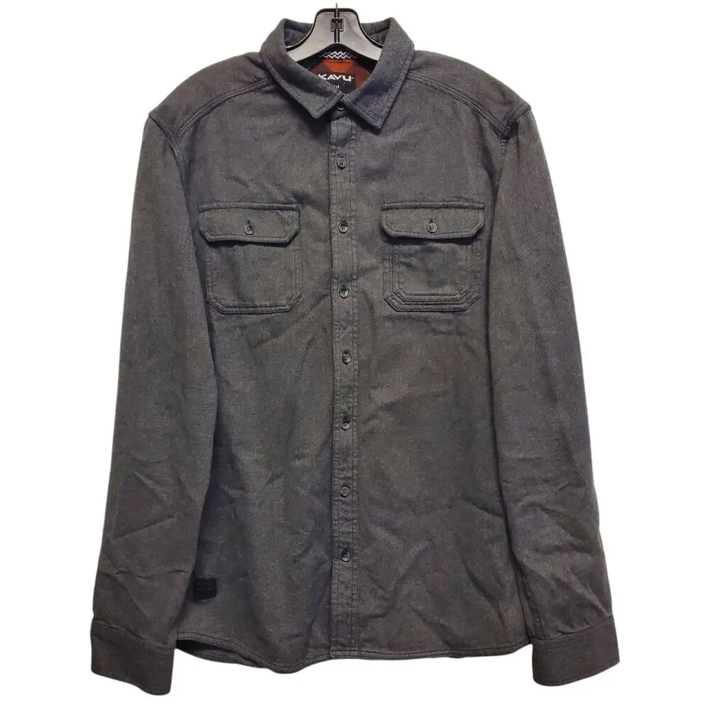 KAVU Shirt Mens Large Gray Knit Fleece Flap Chest Pockets Button Up Long Sleeve